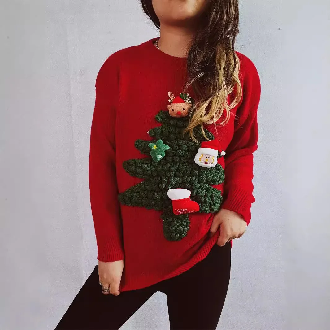 

2024 Women's Autumn and Winter New Three-Dimensional Flocking Christmas Tree Red Loose Christmas Sweater