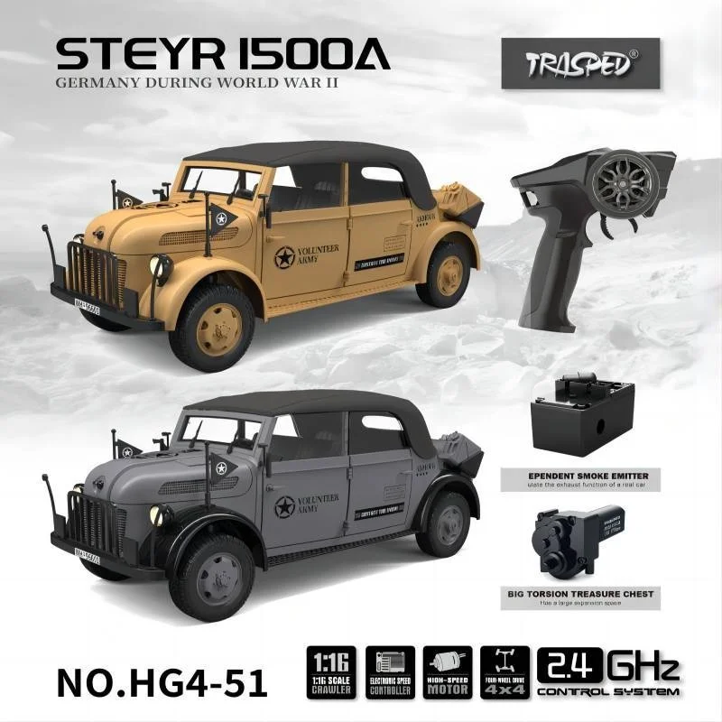 HG RC Cars HG4-51 Steyr 1500A Command Vehicle 1/18 German Military Model Convertible Light Electric Simulation Model RC Car Gift