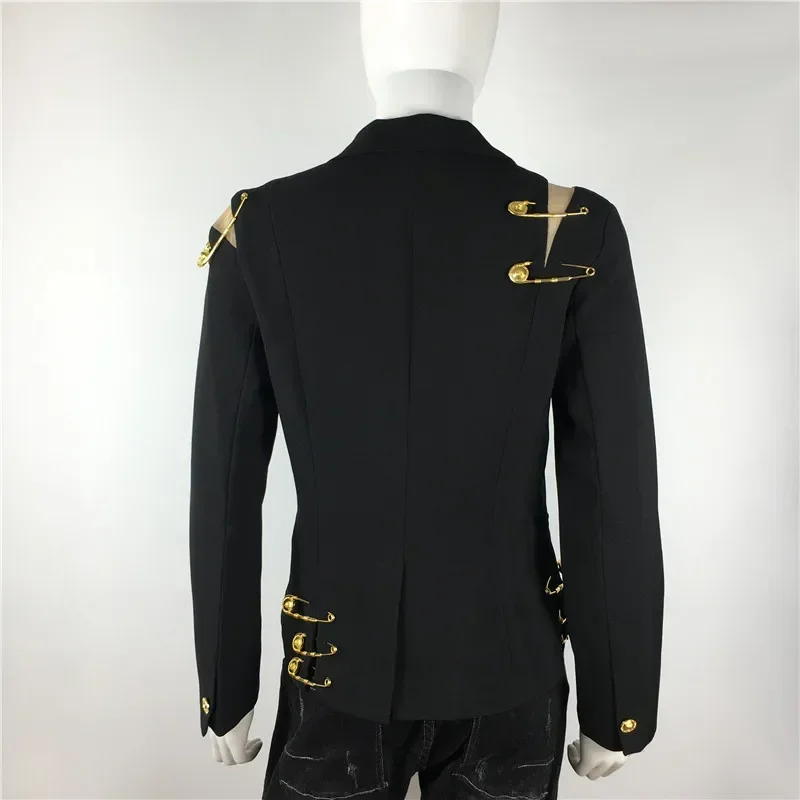 Autumn Spring New Fashion 2024 Women\'s Hollow Out Mesh Spliced Full Sleeve Metal Buttons Pin Casual Black Blazer