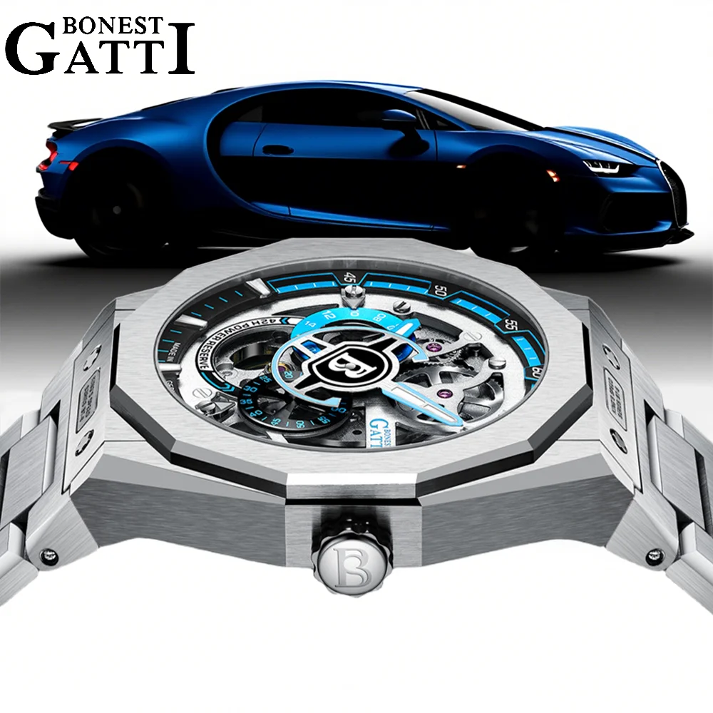 

BONEST GATTI BG-7610S Men's Racing Chronograph Auto Mechanical Watch Skeleton Sapphire Luminous Steel Strap 5ATM German Crafted