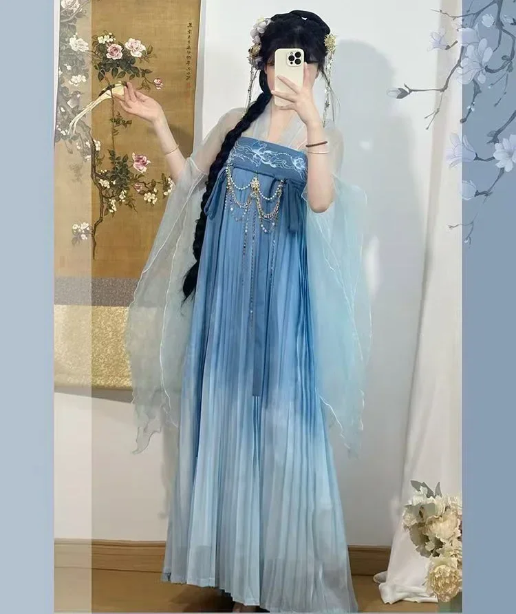

Blue women's embroidery Hanfu Chinese traditional style round neck robe girl spring and summer new adult performance gown