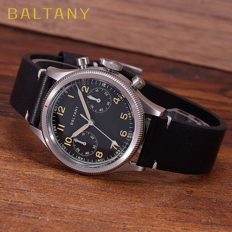 الرجعية العسكرية نمط كوارتز كرونوغراف Baltany S5054 حزام من الجلد 6S21 حركة الياقوت الزجاج 5ATM ساعات متعددة الوظائف