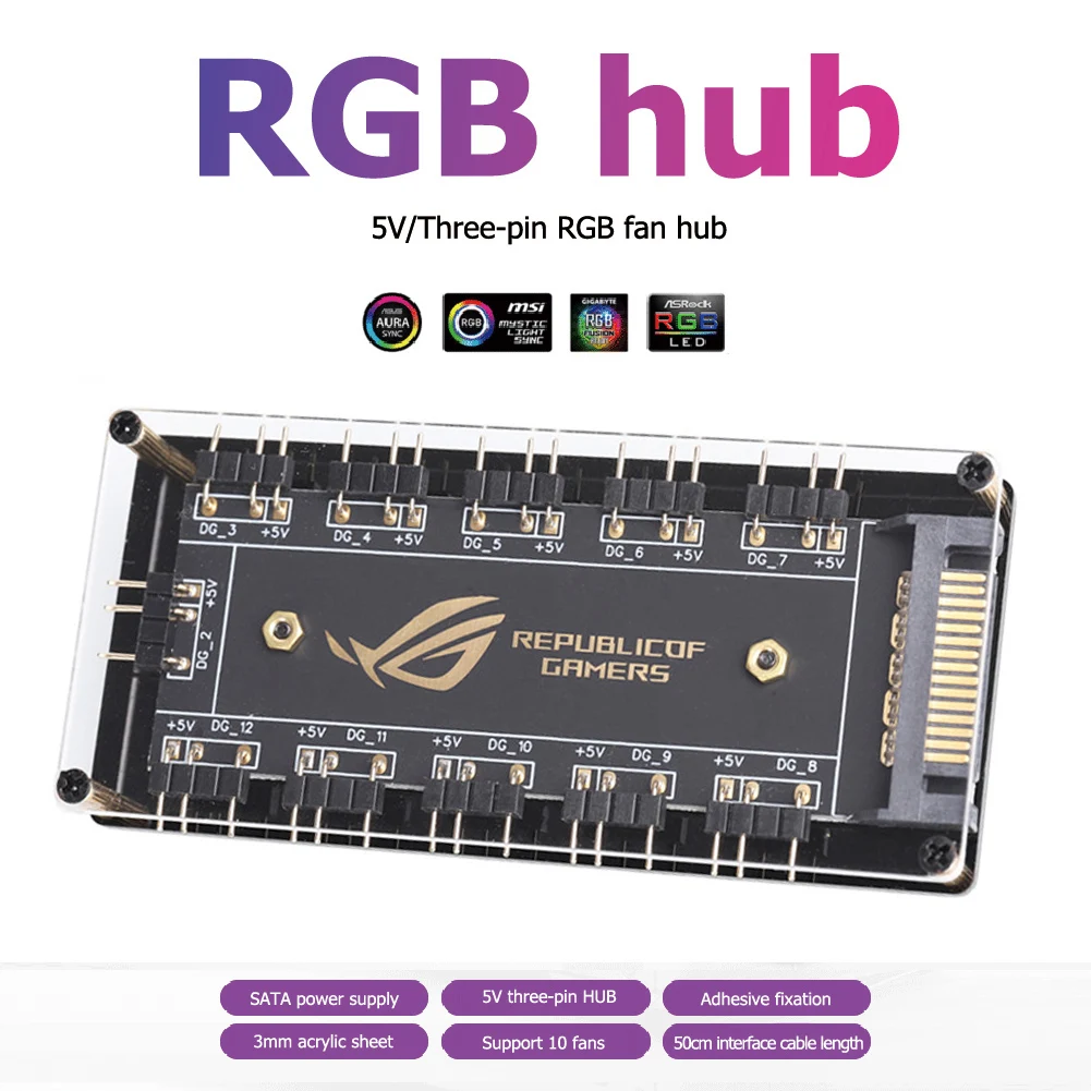 5V 3PIN ARGB Extension Splitter for Gigabyte MSI Electron PC Computer Extension Cable 10 Ports RGB Fan HUB SATA Power