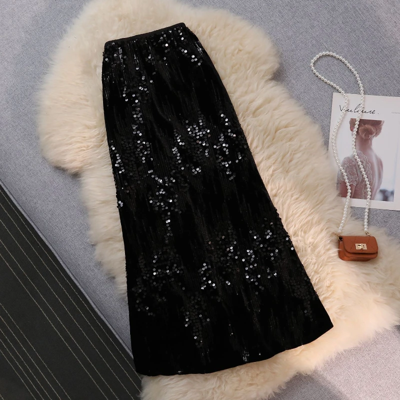 Temperament Autumn New Women's Solid Velvet Glitter Fashion Elastic High Waist Mid-length Slim Bag Hip Straight Fishtail Skirt