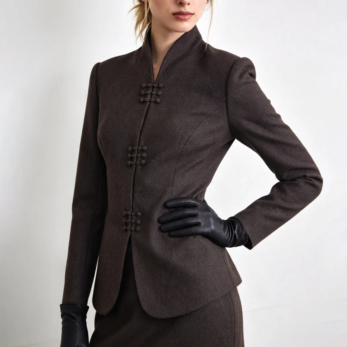 IG Women V‑Stand Collar Slim Blazer Jacket, Frog Buttons Decor,Fitted Waist Long Sleeve Pocket Elegant Office Business Outerwear