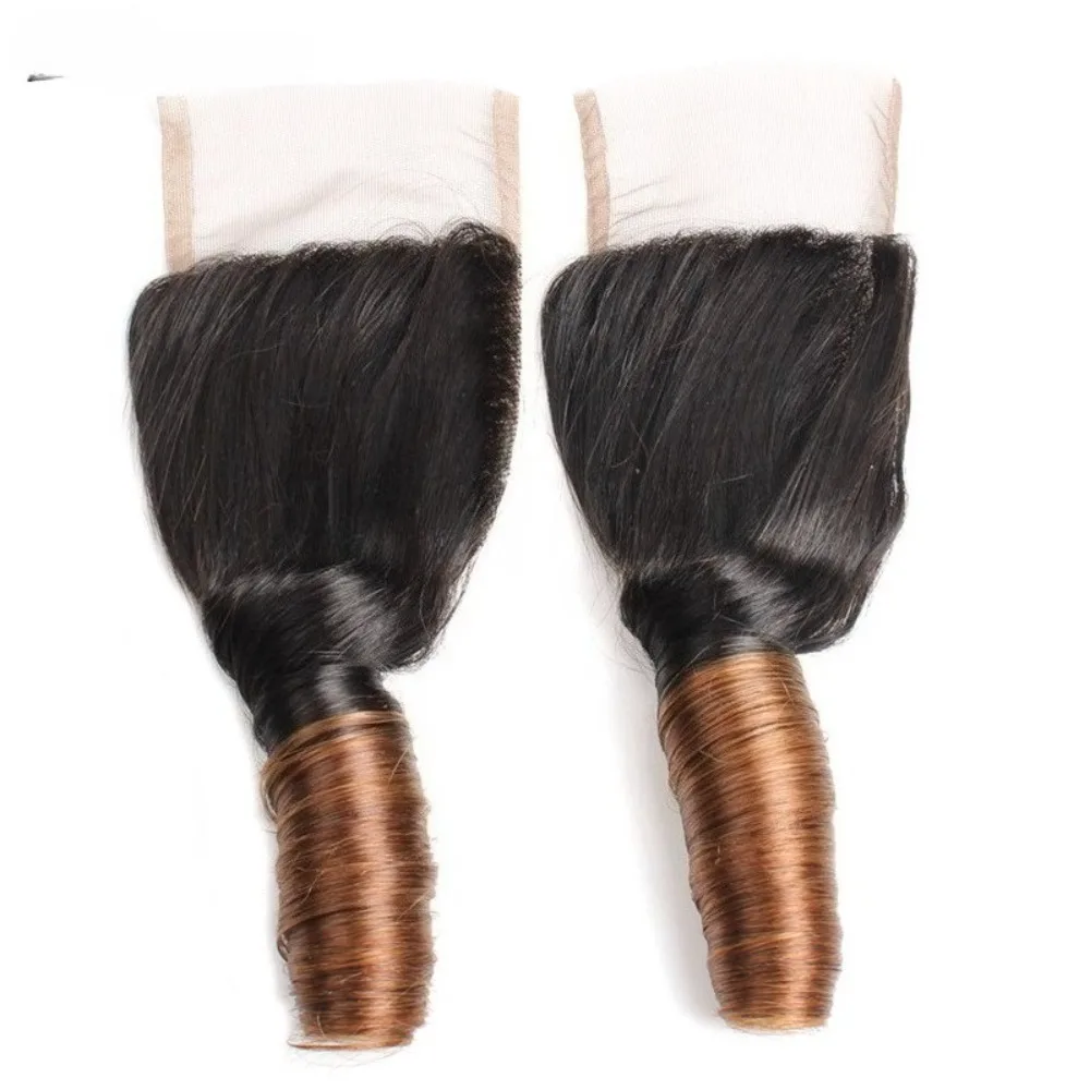 Blocco di capelli per persona reale 10A T1B/4 #   Chiusura di capelli umani reali al 100% di Remy vergine brasiliana con curvatura a molla a doppio colore