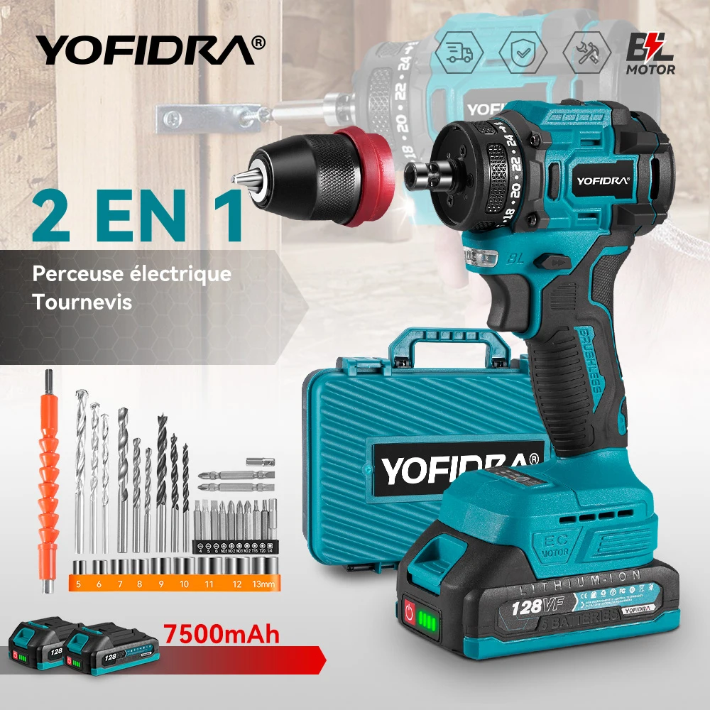 YOFIDRA – tournevis électrique sans balais 2 en 1, marteau, perceuse sans fil, outil électrique multifonctionnel à percussion pour broches de batterie 21V 18V