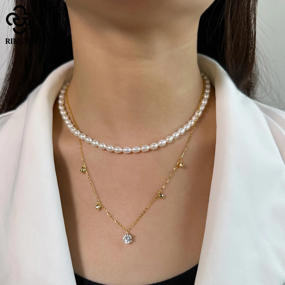 

Rinntin Luxury Freshwater Pearl Necklace with Shiny CZ Fashion Pearls Choker Chain for Women Accessories Neck Jewelry GPN29