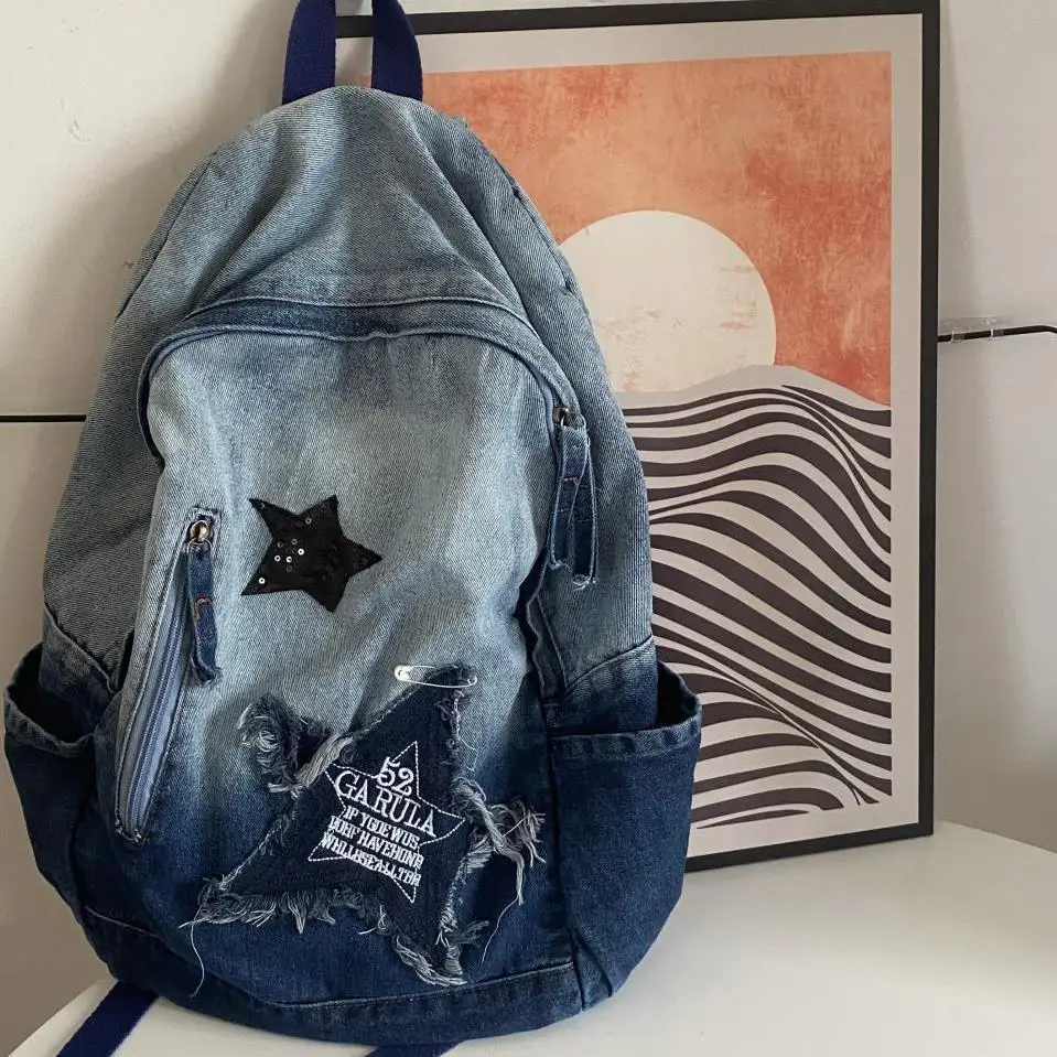 Zaino Y2k da donna borsa da scuola in Denim stile coreano per ragazza modello stella adolescente studente zainetto libro ricamo Bagpack nuovo