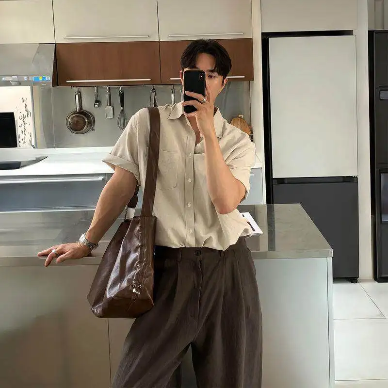 

Men's Summer Slim Fit Linen Short Sleeve Shirt Simple Design Lightweight Luxury Feel Citywalk Neck Inner Wear 3D Effect