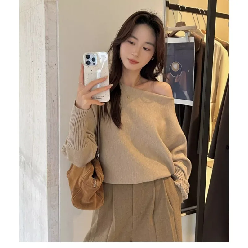 

Женский однотонный восковой свитер с открытыми плечами, мягкий восковой свитер, осенний новый однотонный пуловер, свитер