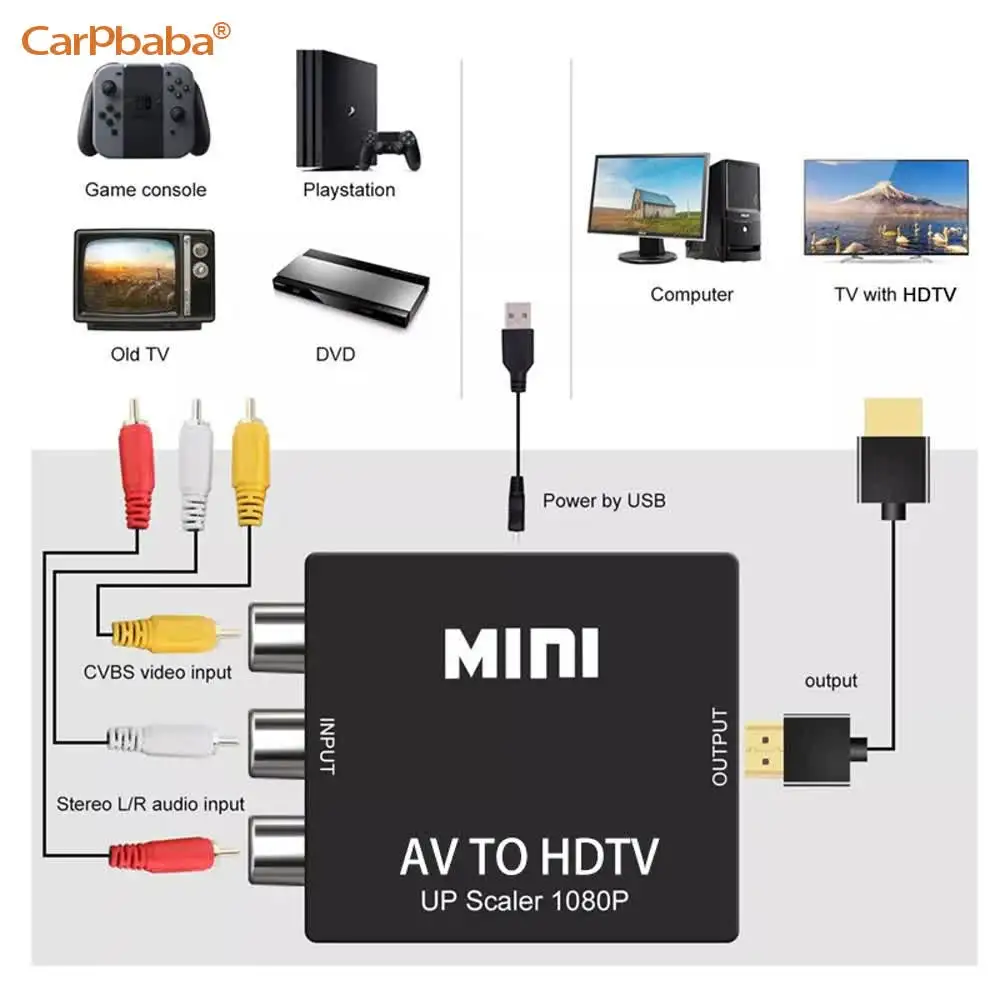 Adaptador AV a HDTV convertidor de vídeo compuesto 1080P AV2HDTV RCA CVSB L R caja convertidora de escalador de vídeo