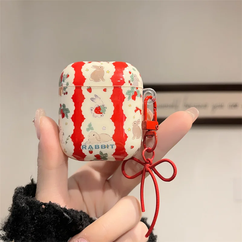 Cute Strawberry Bunny stripe pattern fits AirPods 4 headphone Cover Protective Cover AirPods pro Case 4 3 2 Pro 2 earphone case