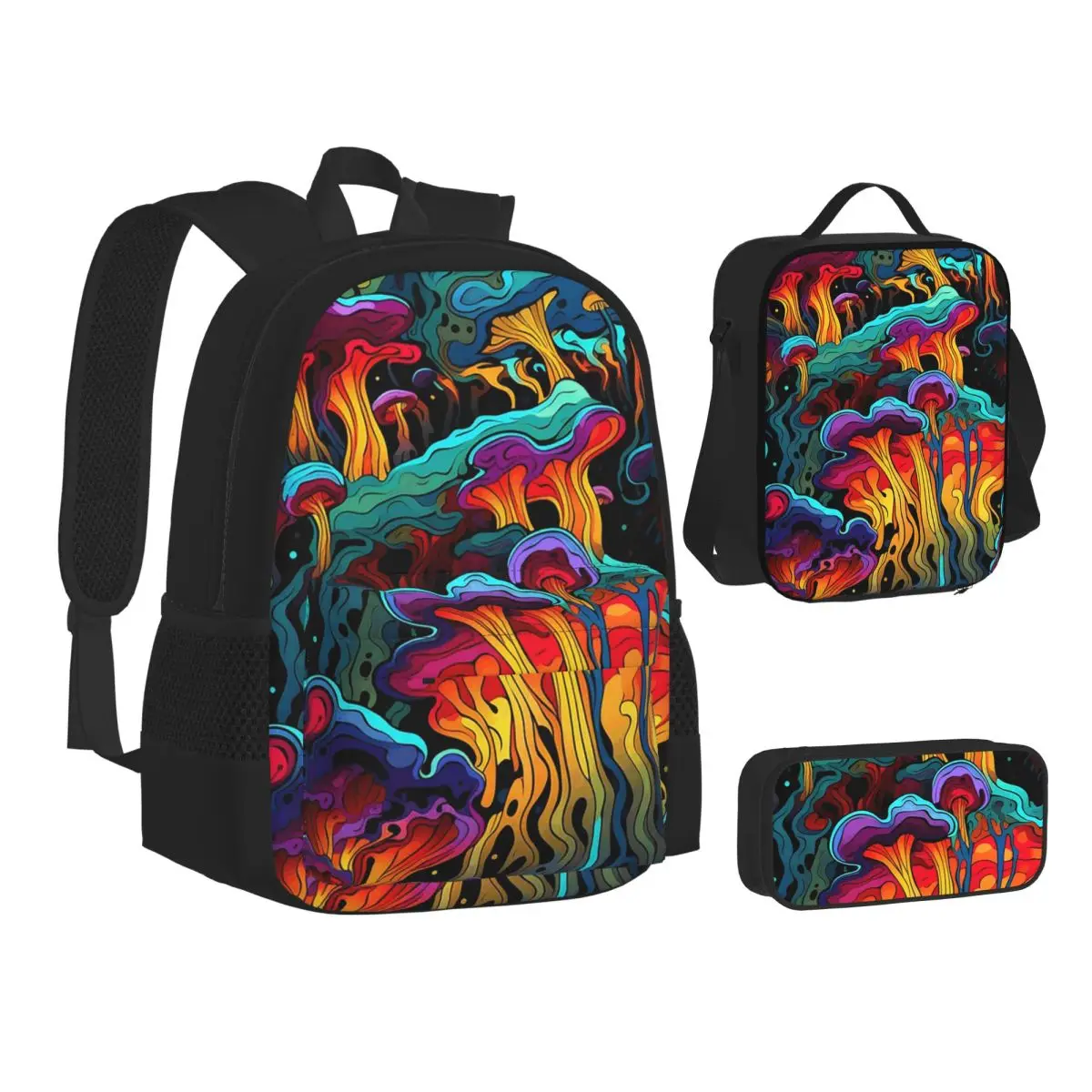 Acid Trippy Weird Psychedelic Wavy Mushroom BackpacksStudents School Bags Kids Rucksack Lunch Bag Pen Bag Three-Piece Set