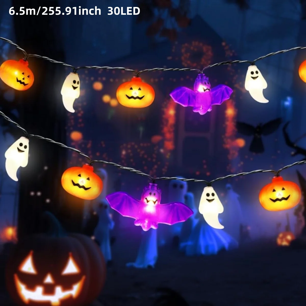 1pc 20/30 LED Bat & Ghost & Pumpkin Solar String Light Outdoor Garden Lamp With 8 Lighting Modes For Home Yard Halloween Decor