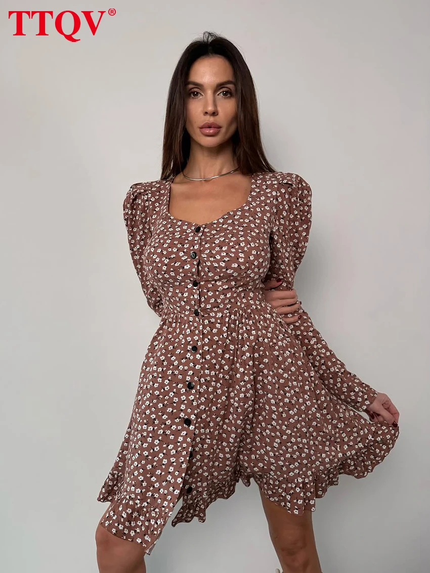 

Модное свободное женское платье TTQV с принтом, 2026, сексуальное мини-платье с U-образным вырезом и длинными рукавами, элегантное классическое женское платье с завышенной талией
