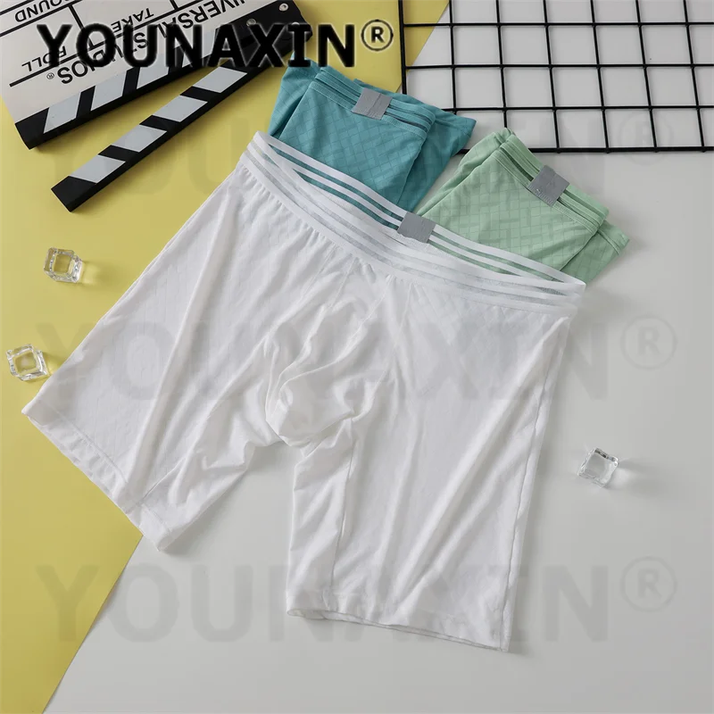 5 Pieces Men's Mid Waist Ice Silk Boxer Briefs Long Leg Breathable Quick Dry Sports Underwear Big Size Sexy Comfort Panties