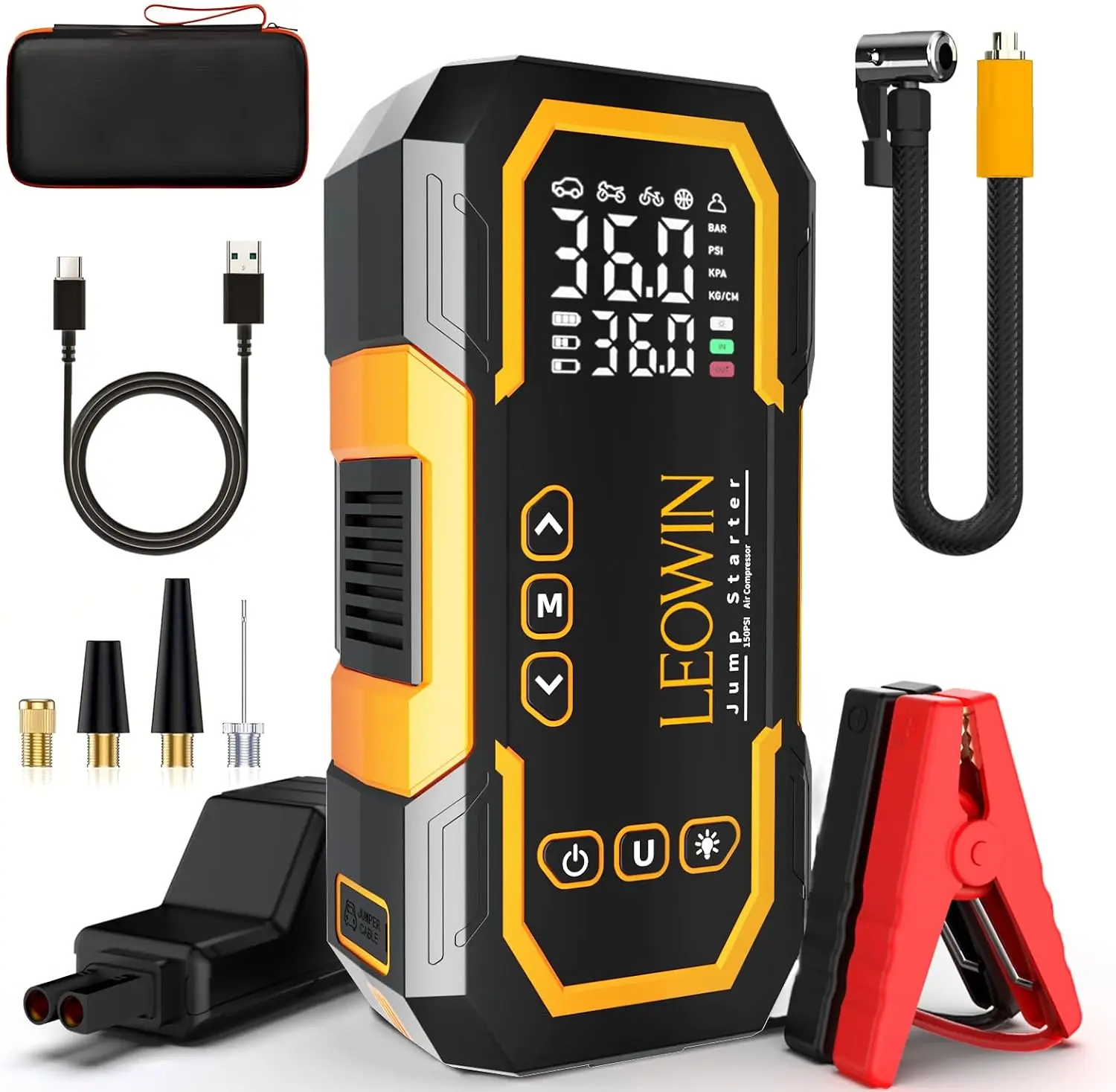 

Портативное пусковое устройство с воздушным компрессором, 12В, для бензиновых/дизельных автомобилей, включает умные кабели и светодиодный фонарь