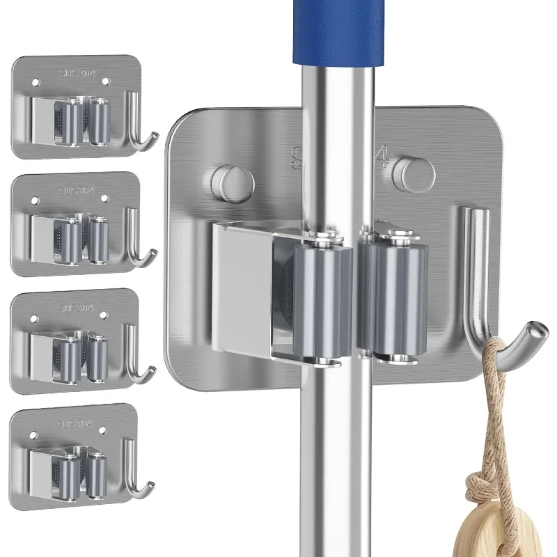 Stanzfreie Mehrzweck-Wandhaken, selbstklebender Mop-Rack, Besenhalter, Clip-Organizer für die Aufbewahrung von Badezimmer- und Küchen