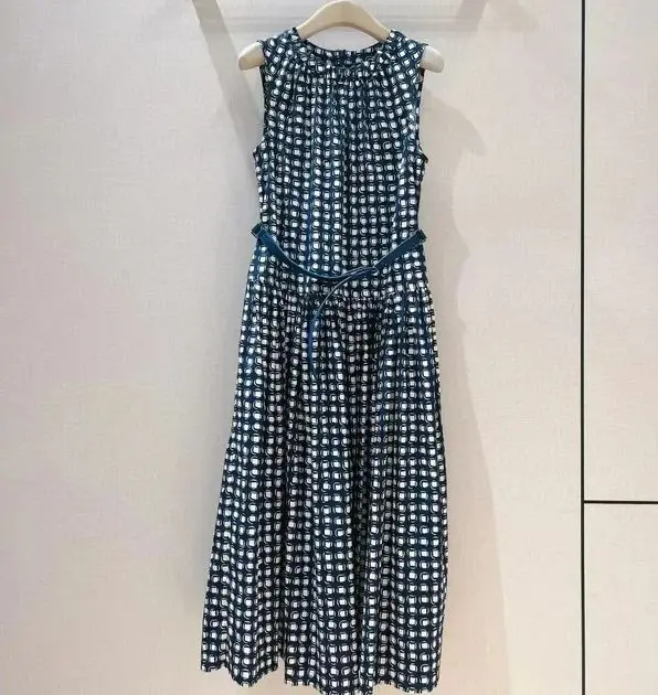 2024 Summer New Checkered Printed Sleeveless Dress Slim fit mid length design with high waist