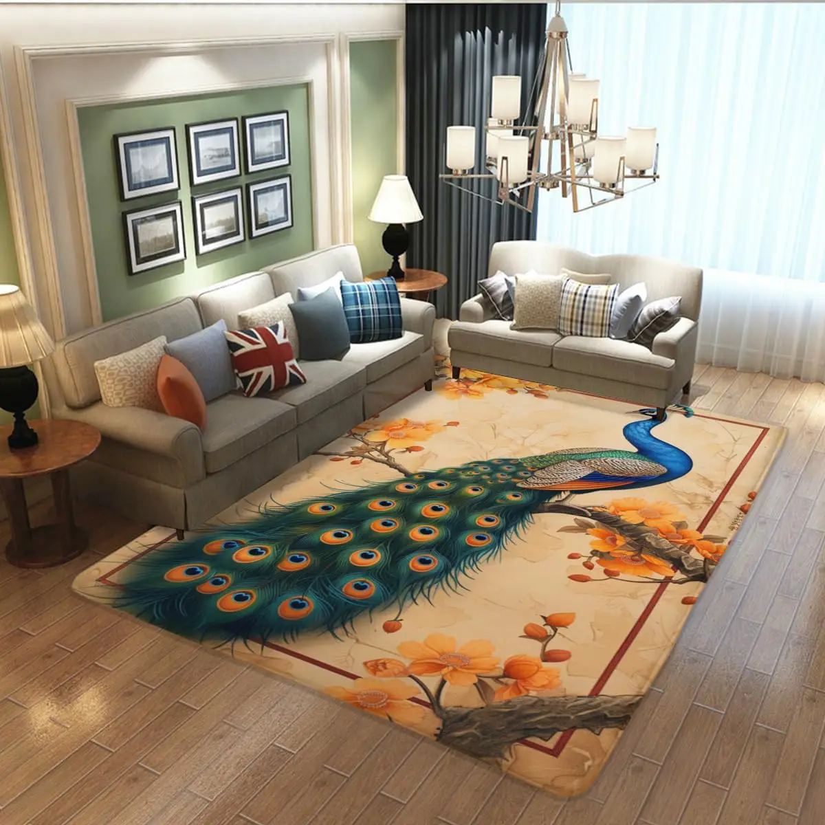 Peacock Rug, Yellow Flowers and Peacock Colorful Floor mats, Non-Slip Washable Rugs for Living Room, Home Decoration Area Rugs