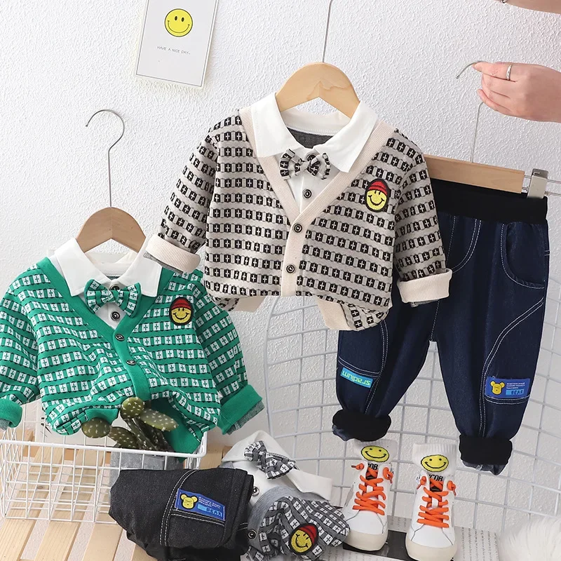 Toddler Outfits 2023 Spring Autumn 1-5T Casual Cardigan Coats + T-shirts + Pants Baby Boys Tracksuits Kids Bebes Jogging Suits