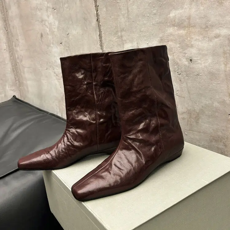 

Brown Sheepskin Leather Women Short Boots Square Toe Autumn Western Botas Back Zipper Low Heels Mid Calf Riding Botines Zapatos