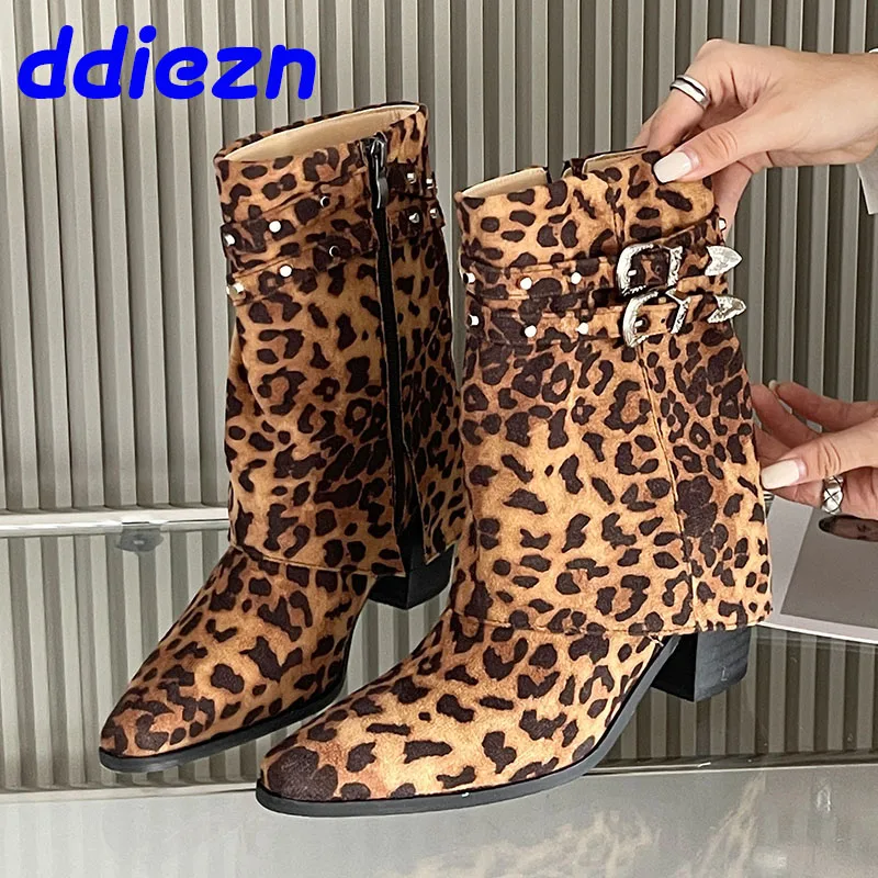 Fashion Metal Women Ankle Boots Leopard Print Footwear With Square Heels Shoes Pointed Toe Ladies Short Booties Zippers Shoes