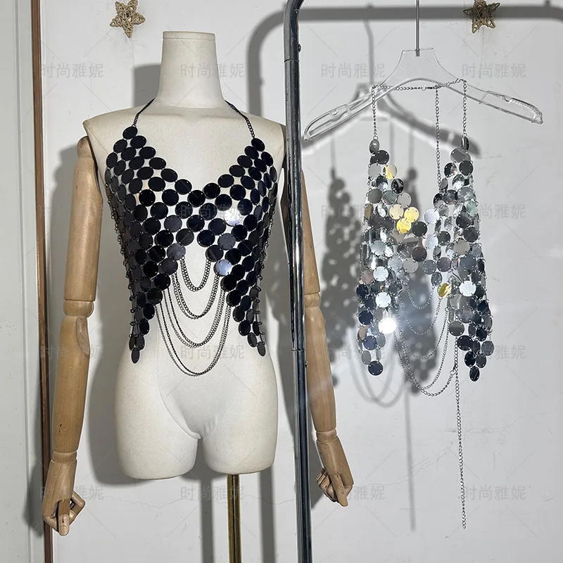 

Европейский и американский модный женский топ с V-образным вырезом, пайетками, открытой спиной, цепочкой на тело и аксессуаром для декора груди, сексуальный верх