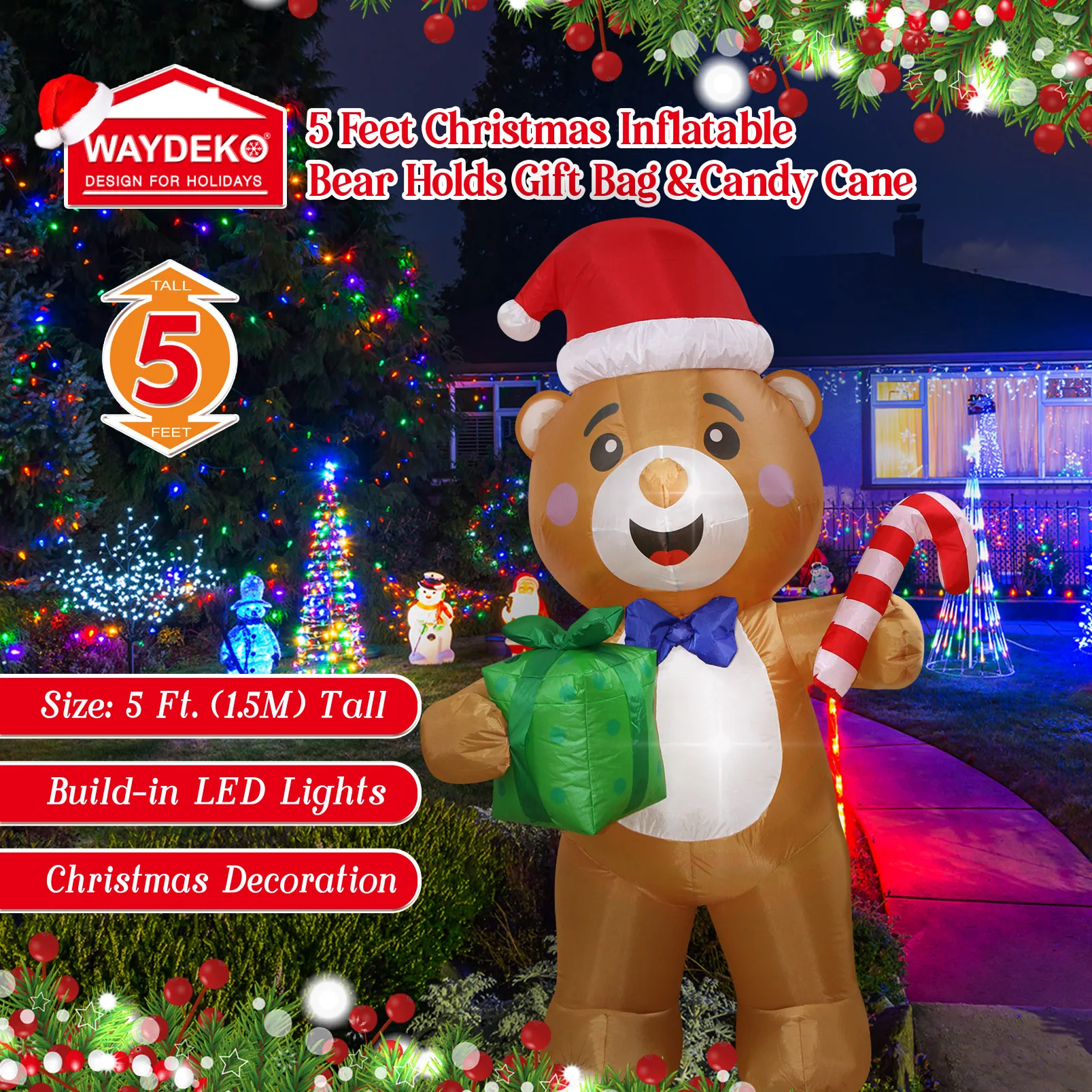 

Рождественский надувной медведь 1,5 м, подарочный пакет со светодиодной подсветкой, украшение для лужайки на открытом воздухе для дома, сада, зимнего праздника