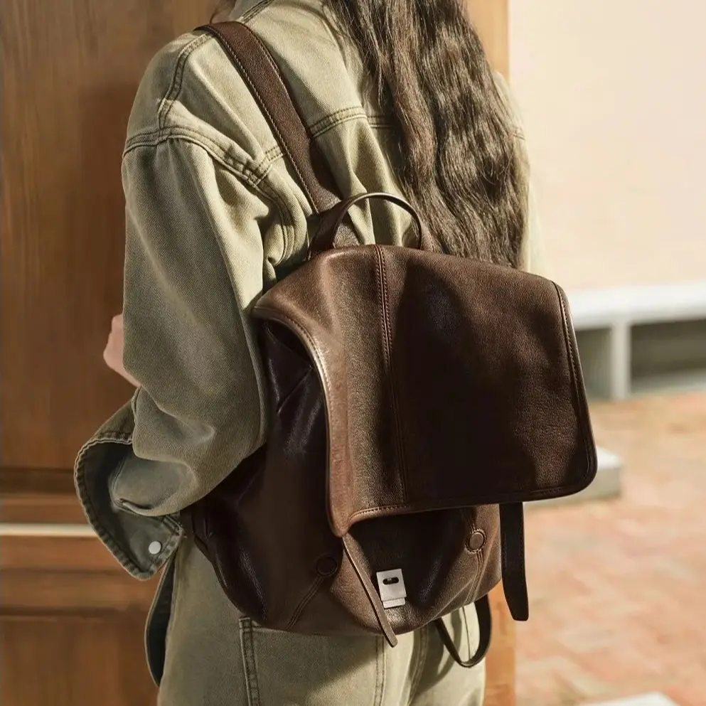 Women's Men Leather Backpack - Large Capacity for Work Commute Casual Use Spacious Soft