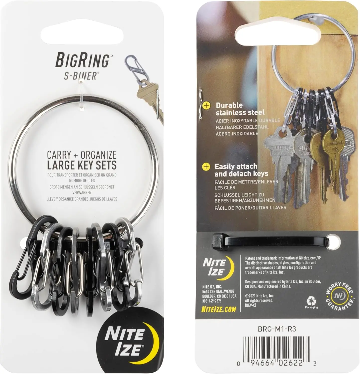 

BRG-M1-R3 BigRing Steel, 2-дюймовое кольцо для ключей из нержавеющей стали с 8 S-образными карабинами из нержавеющей стали для крепления ключей.