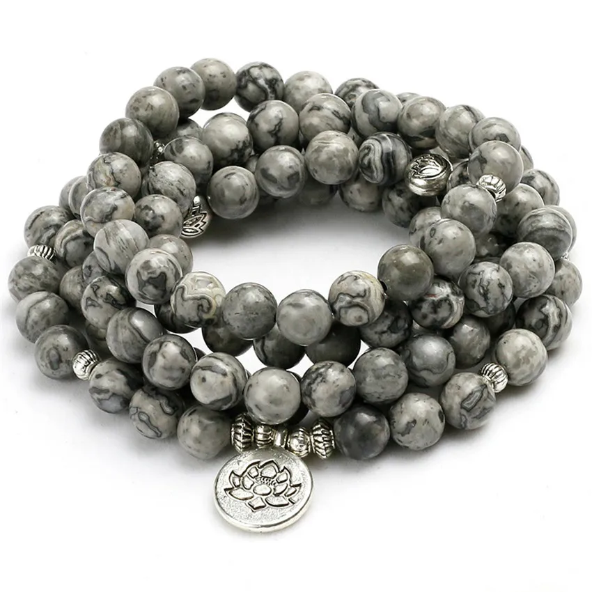 

8mm 108 Grey stone Buddha beads Silver Pendant Bracelet Men Mala Bodhi Teens Buddhist Cuff Sacred Prayer