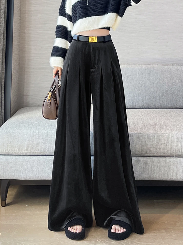 بنطلون نسائي واسع الساق من القطيفة الذهبية بخصر مرتفع وتصميم منسدل، سروال فضفاض بطول الأرض للخريف والشتاء، تصميم جديد أنيق