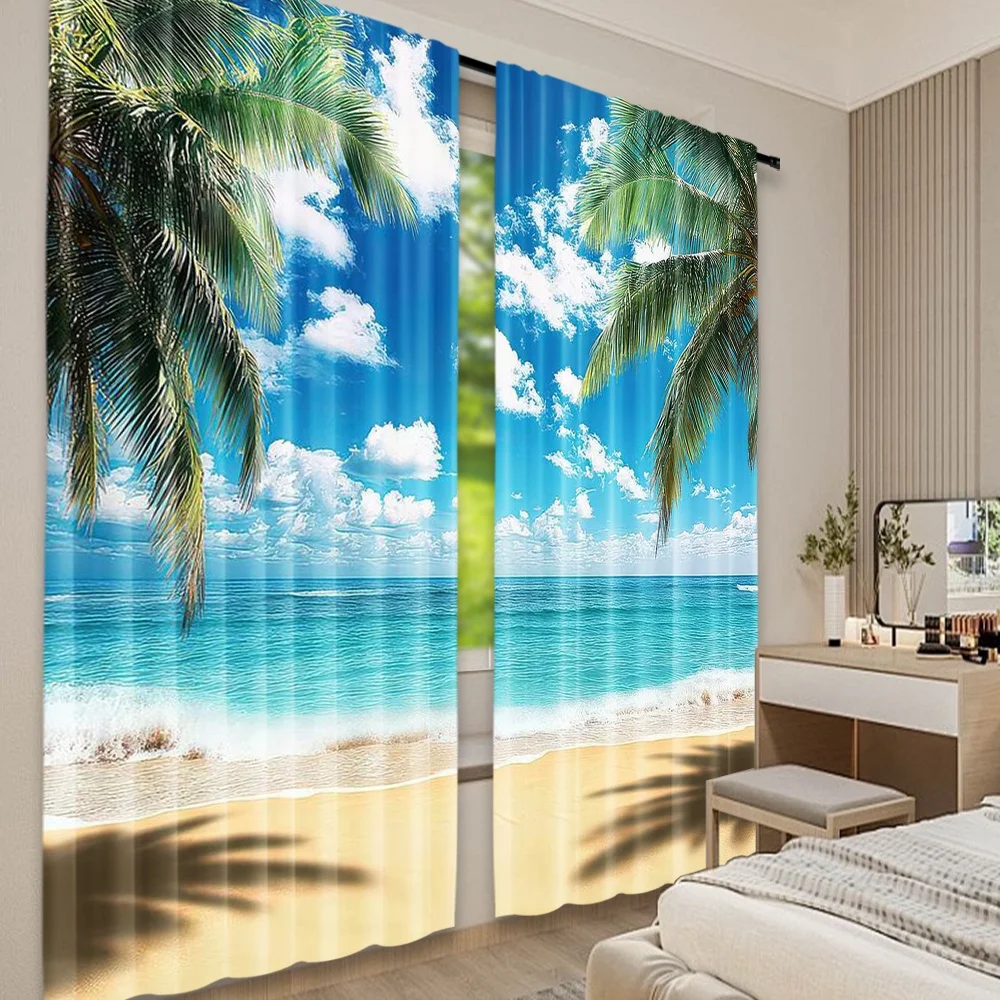 2pcs Tropical Beach Curtain Palm Tree Ocean Print Window Drape Bedroom Living Room Blackout Thermal Summer Vacation Decor