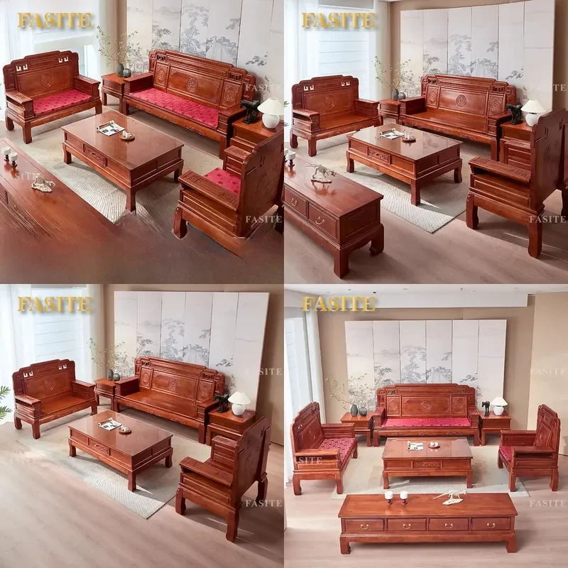 For Mahogany Solid Wood Sofa Set Chinese Classical Carving Simple Elegant Pineapple Plaid Cushion Living Room Furniture