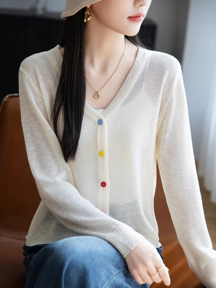 

Cooling Bamboo Rayon V-Ne Sun Protection Women's Summer Thin Outerwear Air Conditioning irt with Strap Thin Knitted Open ...