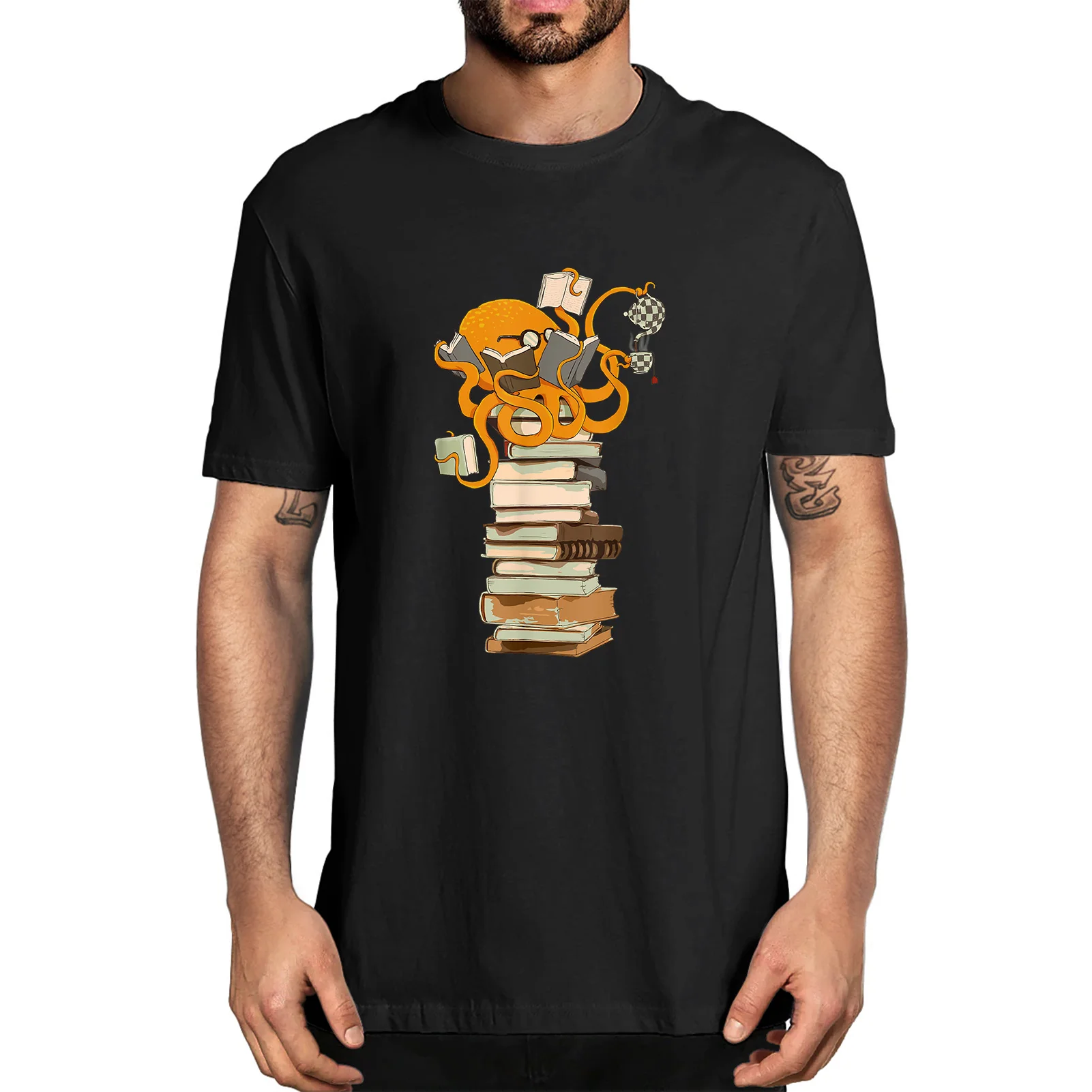 

Unisex Cotton Reading Octopus Tea Coffee and Books Book Lover Funny Summer Men's T-Shirt Harajuku Streetwear Women Soft Tee
