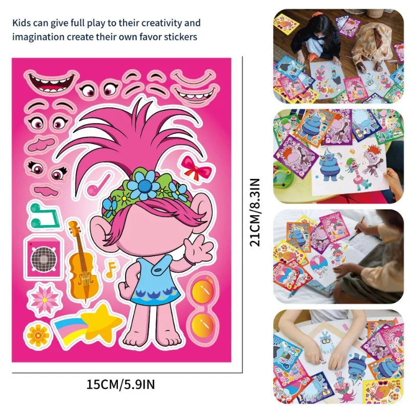 Trolls Puzzle Stickers 16PCS Cartoon Anime DIY Parent-child Interaction Educational Stickers Children\'s Toys Kids Birthday Gifts