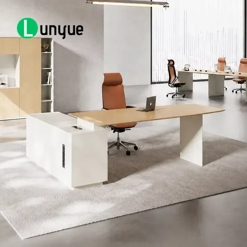 Modern Simple L-Shaped Wooden Executive Desk with Side Cabinets Storage Nordic Style Eco-Friendly CEO Office Furniture