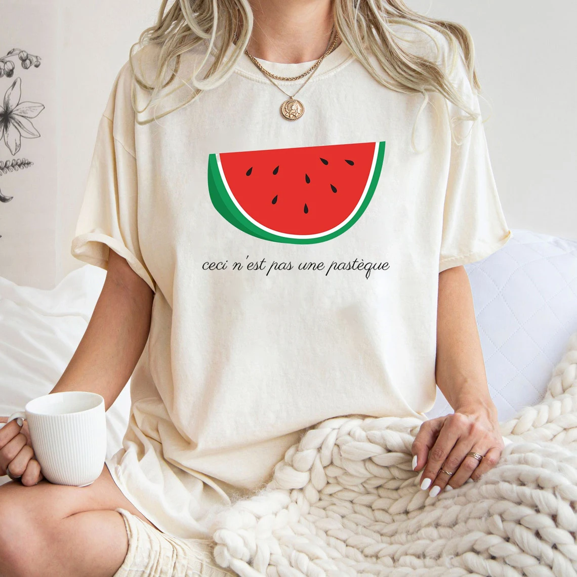 Cute Cartoon Watermelon Print Women T-shirt Ceci N'est Pas Une Pastèque Slogan Women T-shirt Trend Holiday Casual Girl Tee