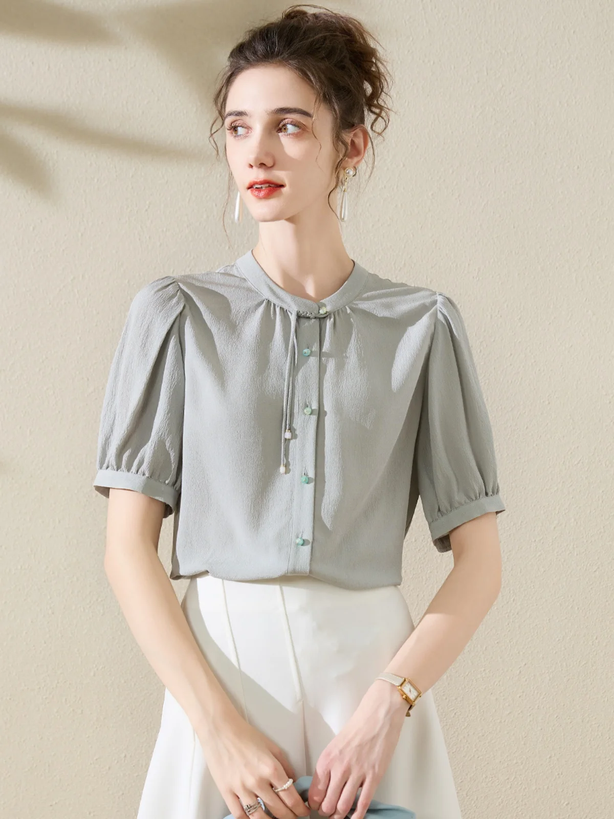 Camisa de seda 100% para mujer, manga corta, color puro, estilo nacional, informal, holgada, novedad de verano, Rabbit King KANIN KONGE