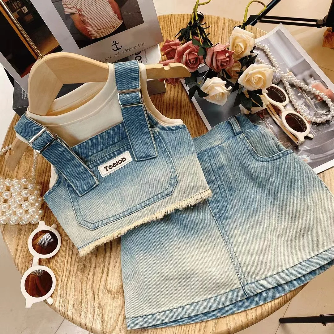 

Girls Summer Denim Set 2024 New Girls Fashion Strap Tank Top Half Skirt Three Piece Set Kids Outfits