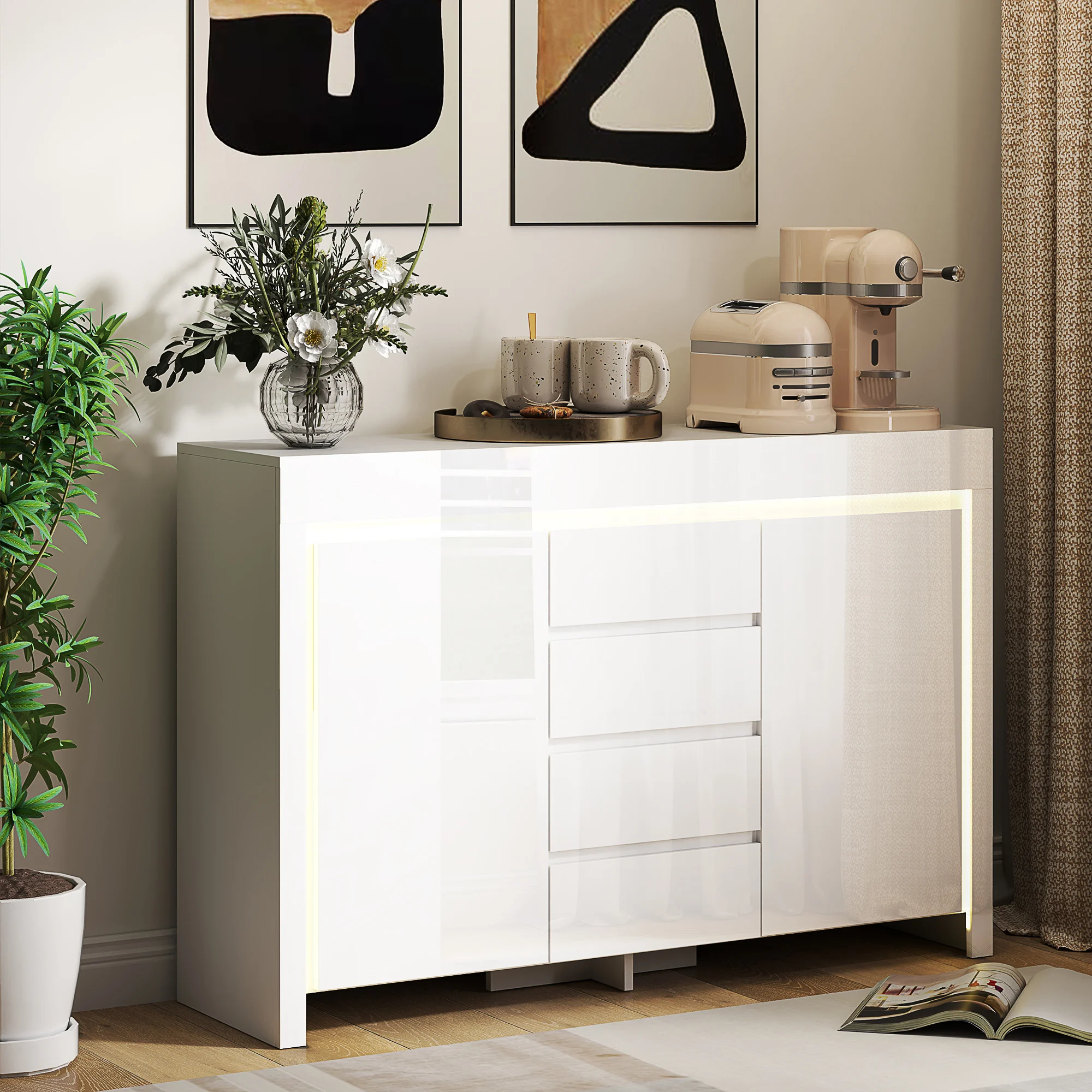 HOMCOM Aparador con Luces LED 4 Cajones Cierre Suave 120x34x80 cm Blanco Brillo