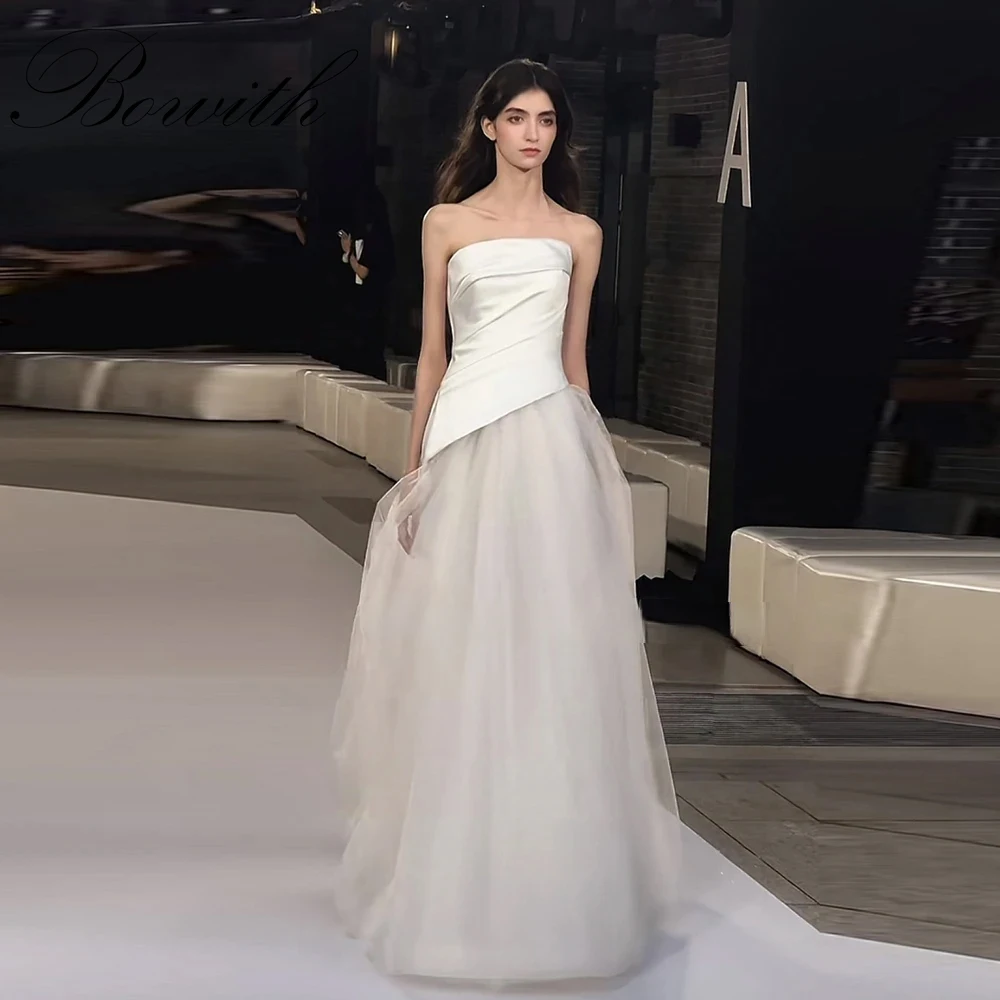 

Bowith Customized A-line Wedding Dresses Photoshoot Strapless Patchwork Bridal Gown Pleats Satin and Soft Tulle Bridal Dresses