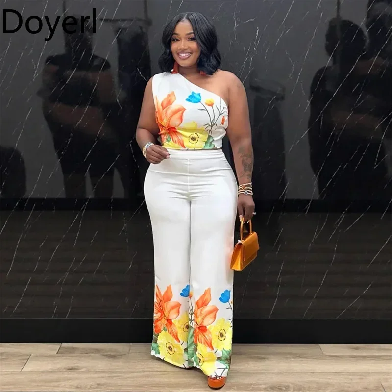

Doyerl Floral Printing Two Piece Set Women Elegance One Shoulder Sleeveless Top and Wide Leg Pants Holiday Matching Sets Outfits