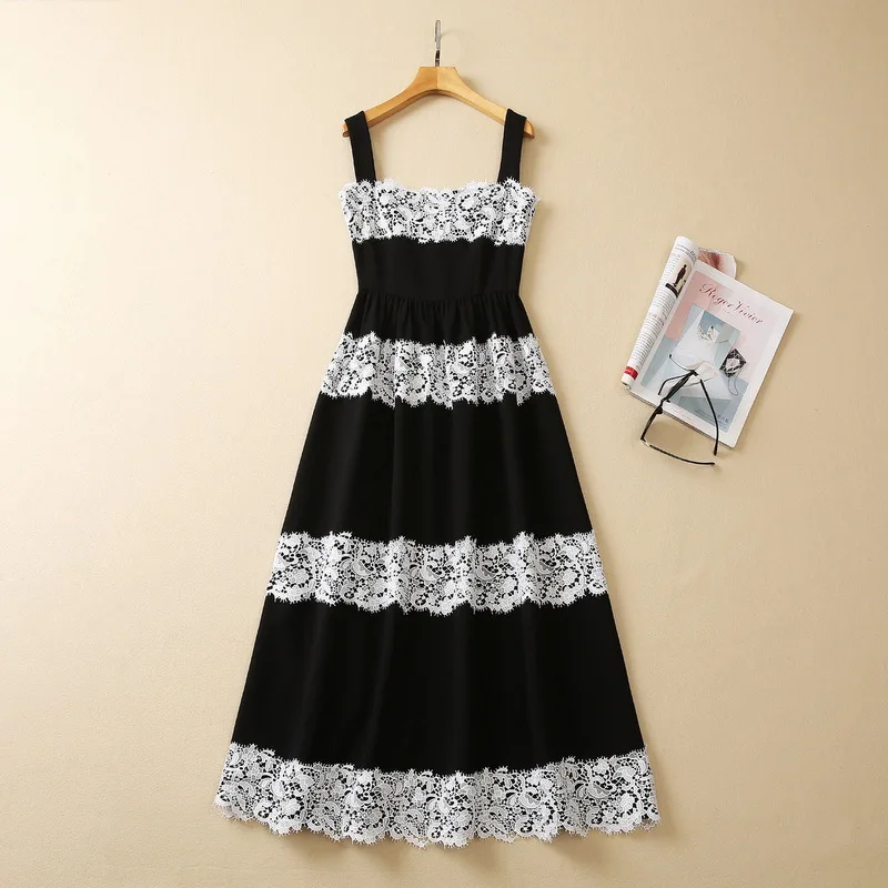 

European and American women's dress 2023 summer new style suspenders Sleeveless black and white lace Fashion pleated dress XXL
