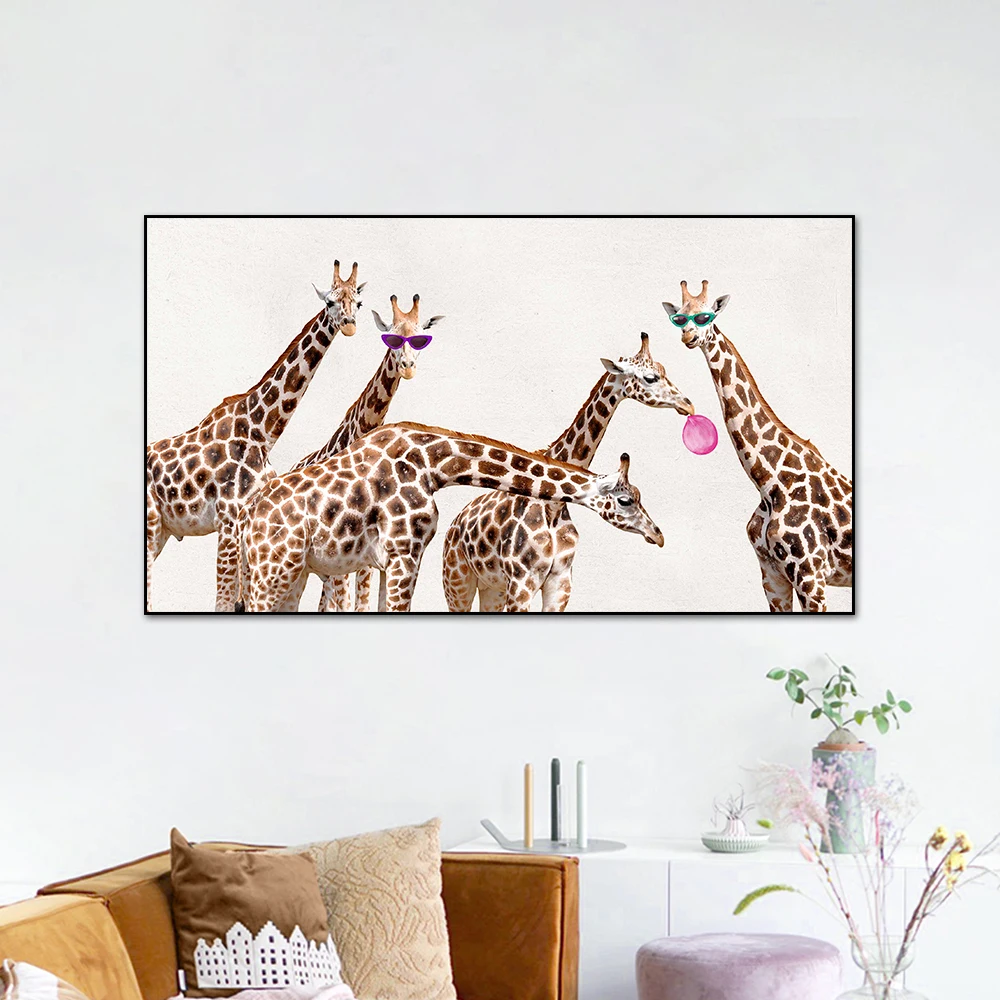 5 Lovely Giraffes Blowing Bubbles Canvas Painting Cute Animal Posters Prints Wall Art Pictures for Kid's Room Home Decor Cuadros