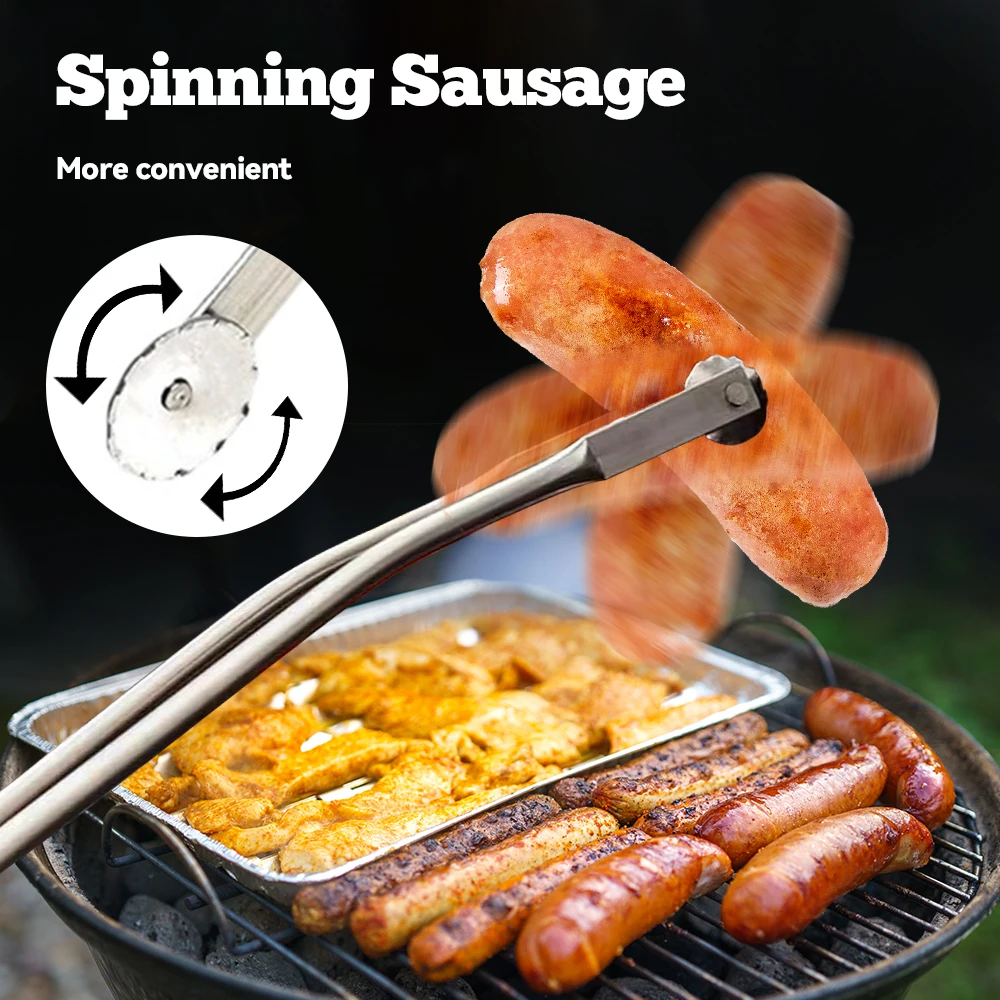 BBQ Sausage Turning Tongs Kitchen Hot Dogs Cooking Clip Stainless Steel Barbecue Long Handle Tongs for Flipping Bacon Steak Meat