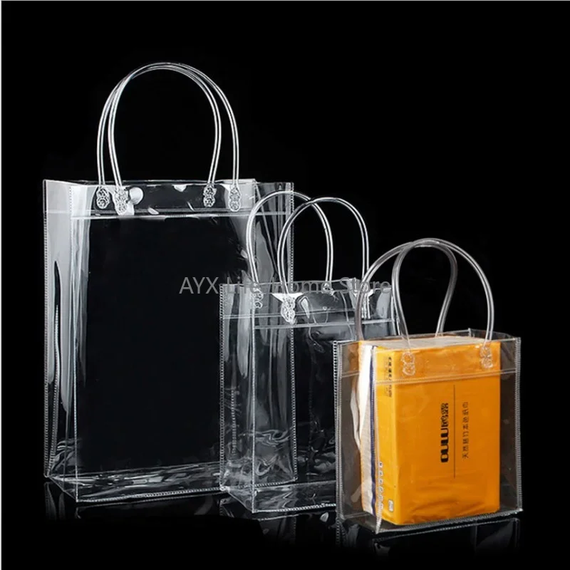 10pcs lot Transparent soft PVC gift tote packaging bags with hand loop, clear Plastic handbag, cosmetic bag